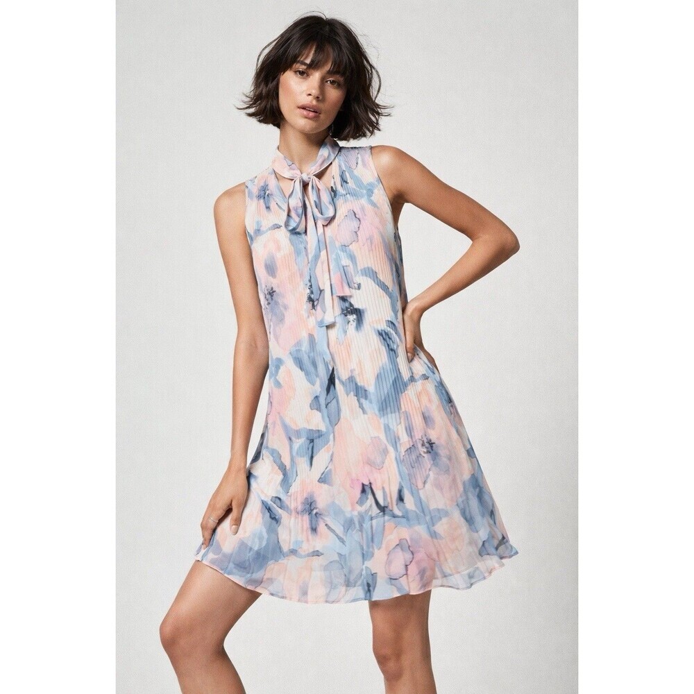 DKNY Pleated Pink Blue Watercolor Floral Sleeveless Chiffon Shift Mini Dress 10